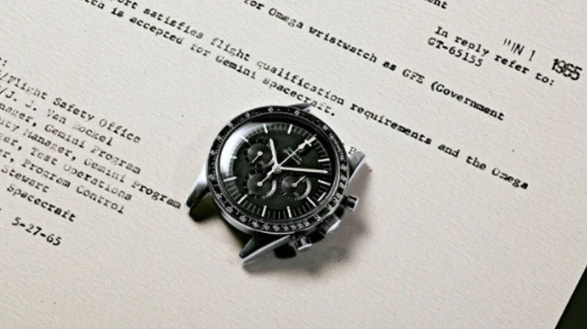 Omega Speedmaster on a NASA qualification document from 1965, hinting at the legacy behind Mission to 1965 and the new MoonSwatch release.