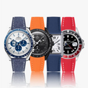 Collection of colorful rubber and leather watch straps on luxury watches - Wristbuddys