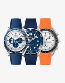 Rubber watch straps in blue and orange fitted on Omega watches - Wristbuddys