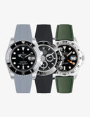 Grey, black and green rubber watch straps fitted on Rolex watches - Wristbuddys