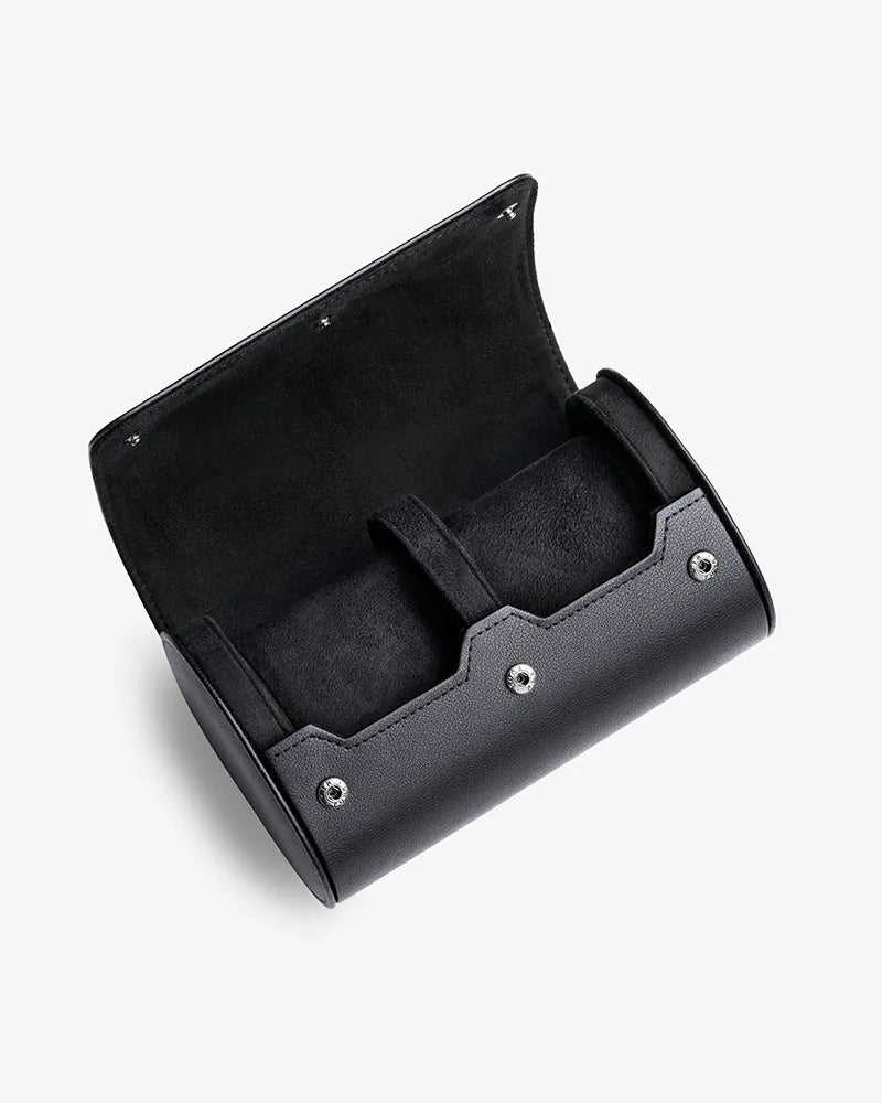 Opened and empty 2 Slot Watch Roll in black, product image