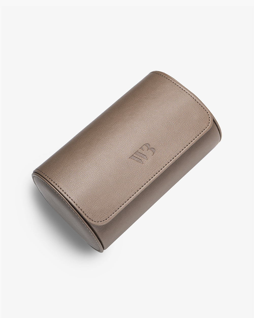 Taupe watch roll case with a WB logo on a white background