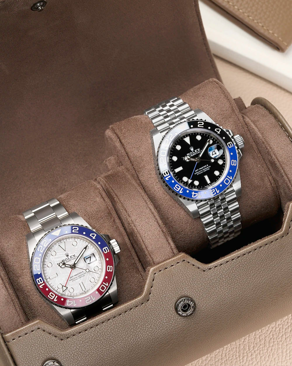 Close up on 2 Slot Watch Roll in taupe