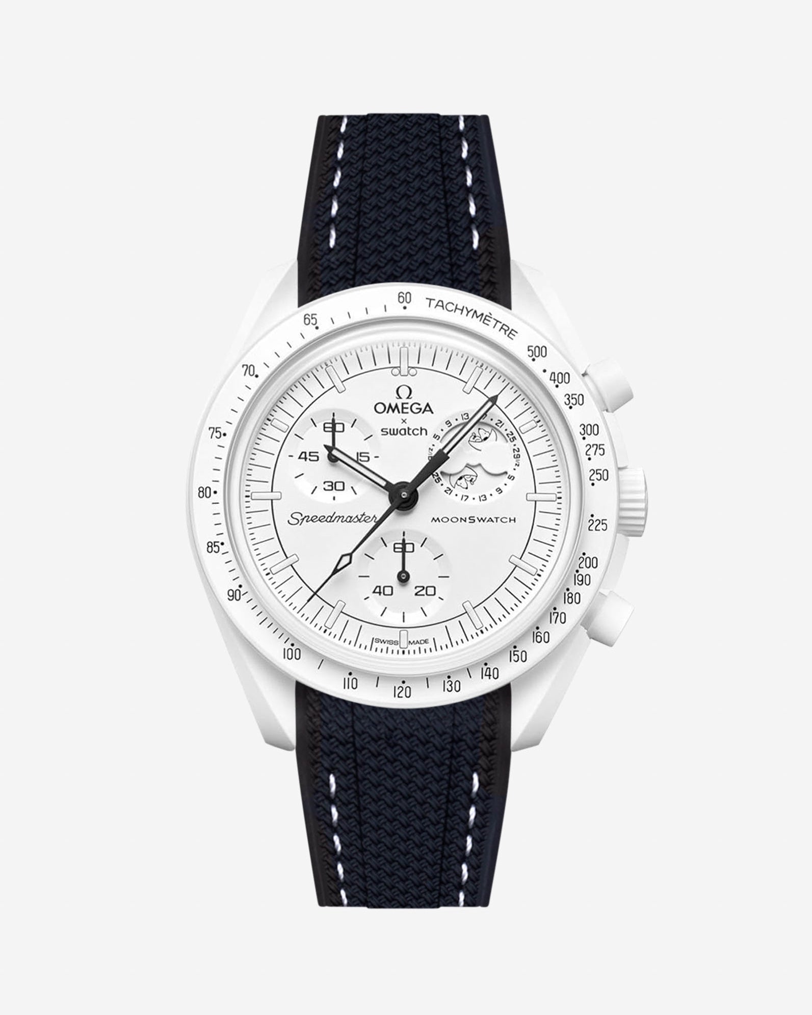 Omega X Swatch MoonSwatch Mission to the MoonPhase on a black vertech rubber watch strap with a white background showcasing both the watch and the watch strap from Wristbuddys