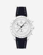 Omega X Swatch MoonSwatch Mission to the MoonPhase on a black vertech rubber watch strap with a white background showcasing both the watch and the watch strap from Wristbuddys