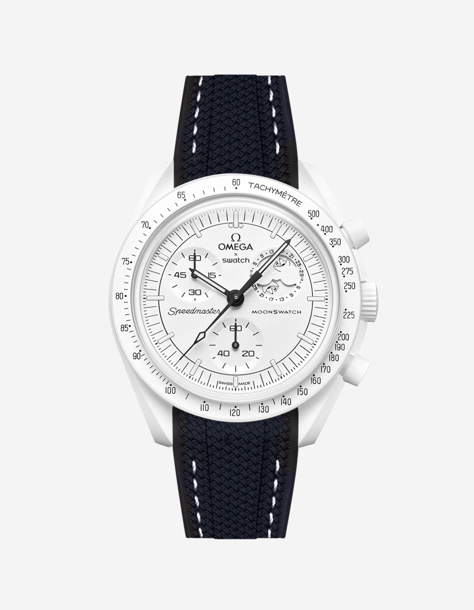 Omega X Swatch MoonSwatch Mission to the MoonPhase on a black vertech rubber watch strap with a white background showcasing both the watch and the watch strap from Wristbuddys