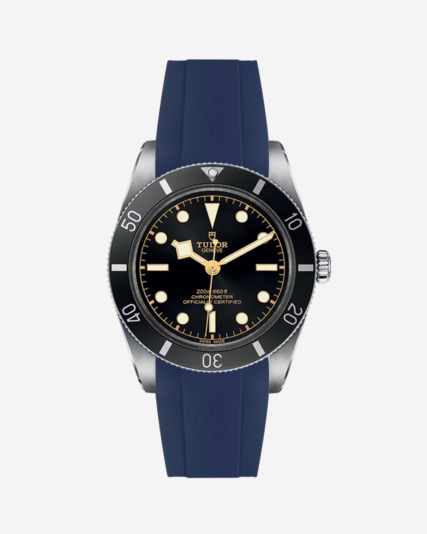 Navy blue rubber strap integrated with the Tudor Black Bay 54 watch