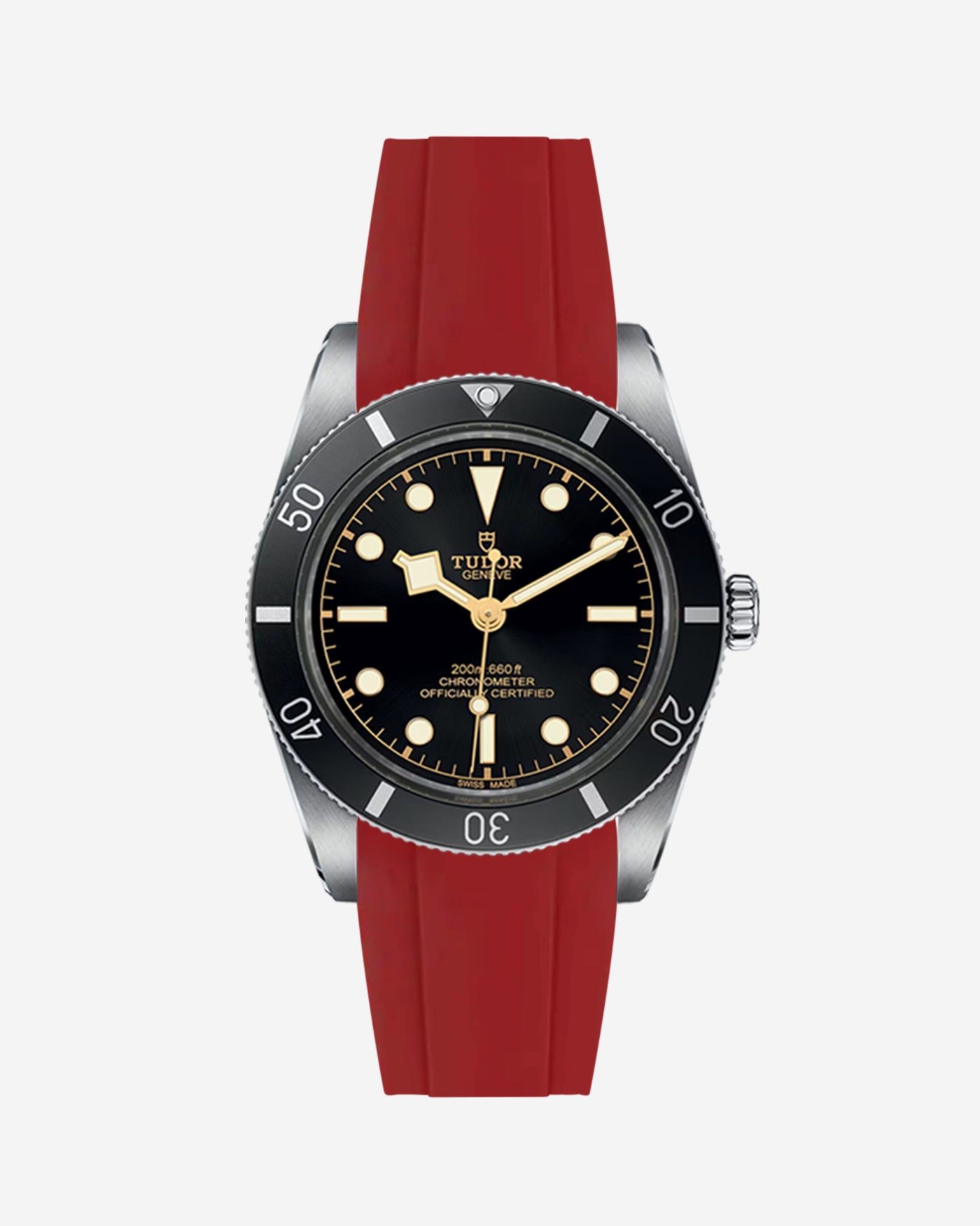 Red fkm rubber strap integrated with the Tudor Black Bay 54 watch