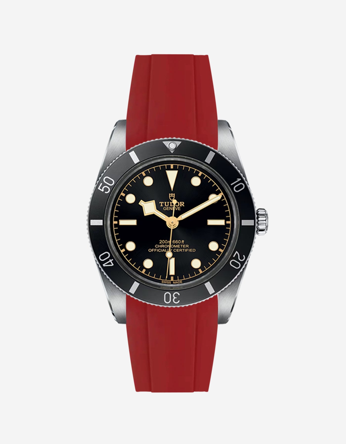 Red fkm rubber strap integrated with the Tudor Black Bay 54 watch