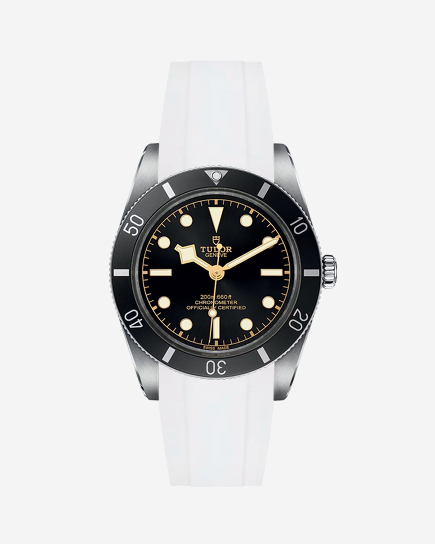 White fkm rubber strap integrated with the Tudor Black Bay 54 watch