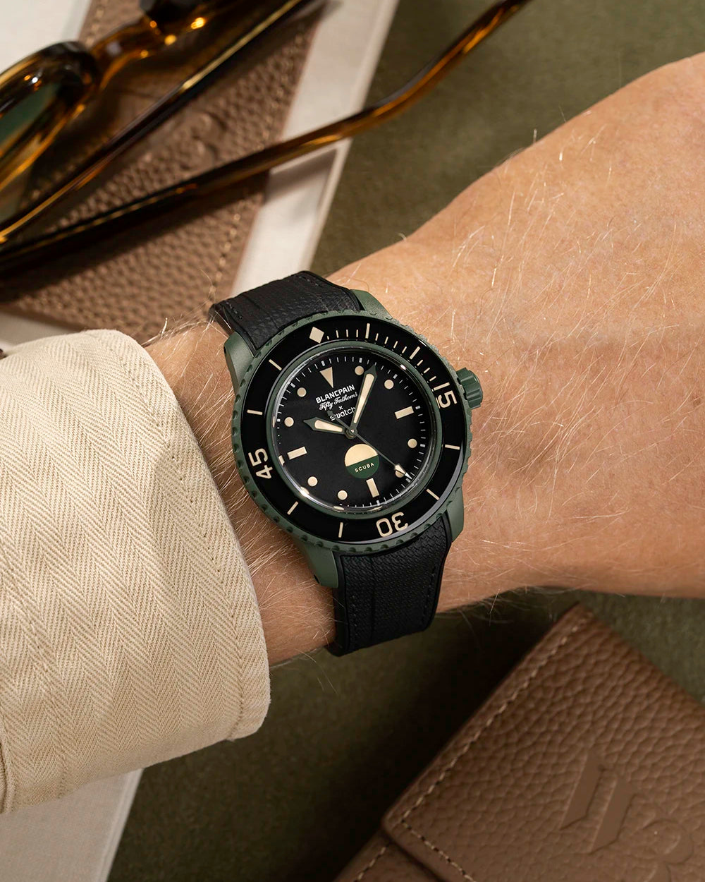 Vertech Black rubber strap on Blancpain x Swatch Green Abyss – wrist shot