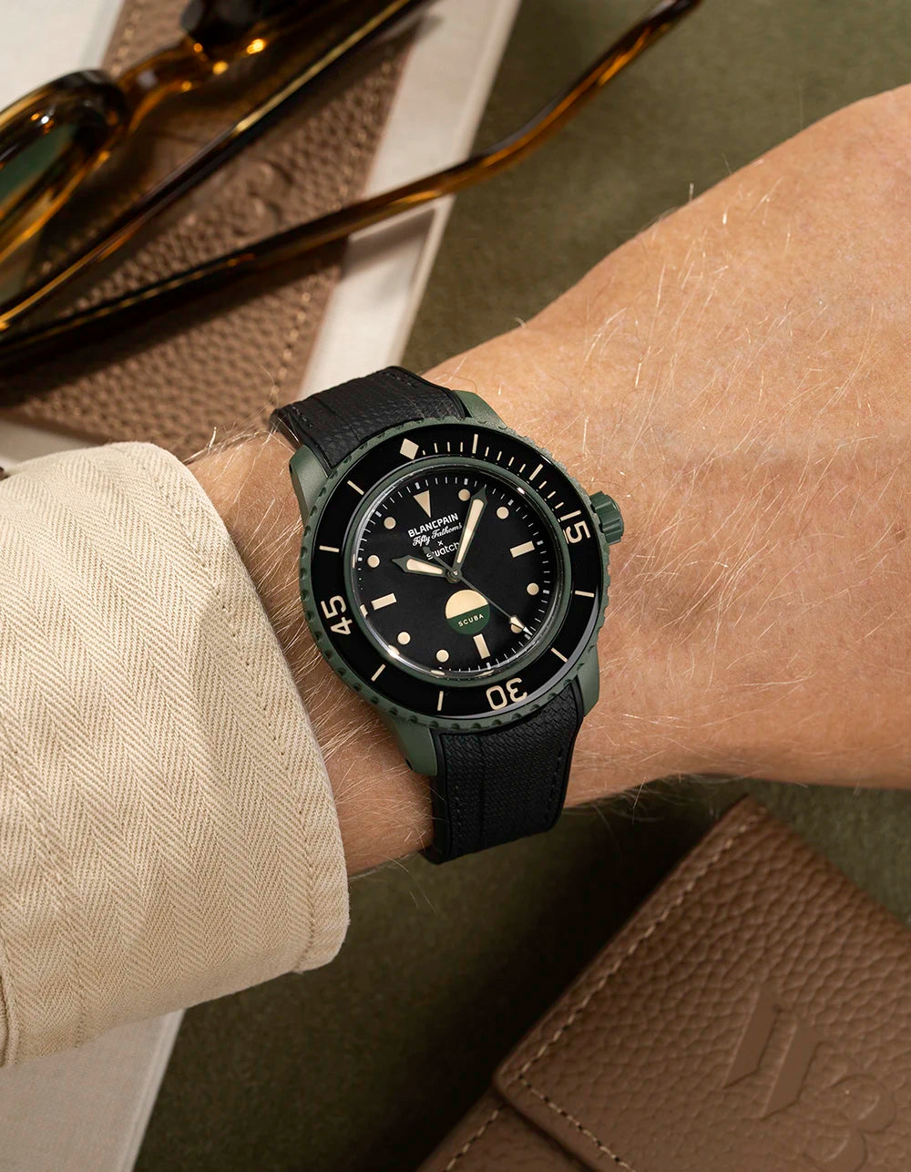 Vertech Black rubber strap on Blancpain x Swatch Green Abyss – wrist shot