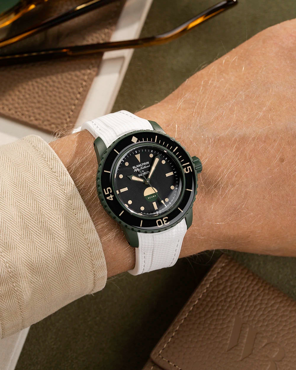 Vertech White rubber strap on Blancpain x Swatch Green Abyss – wrist shot