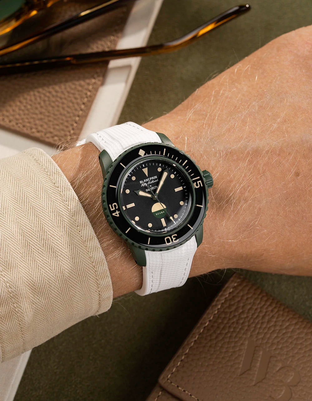 Vertech White rubber strap on Blancpain x Swatch Green Abyss – wrist shot