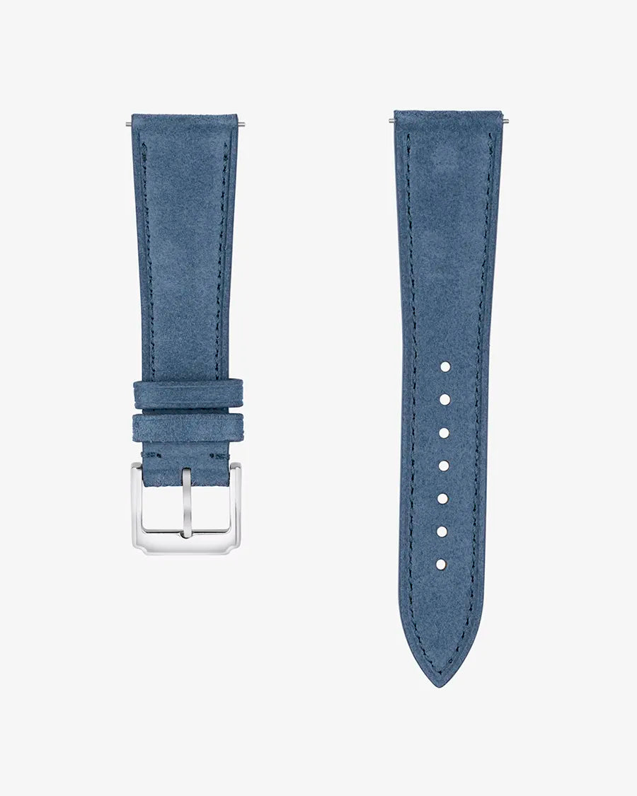 Baltic Blue suede leather watch strap with 316L clasp | flat lay of deep blue suede variant from multi-size strap collection