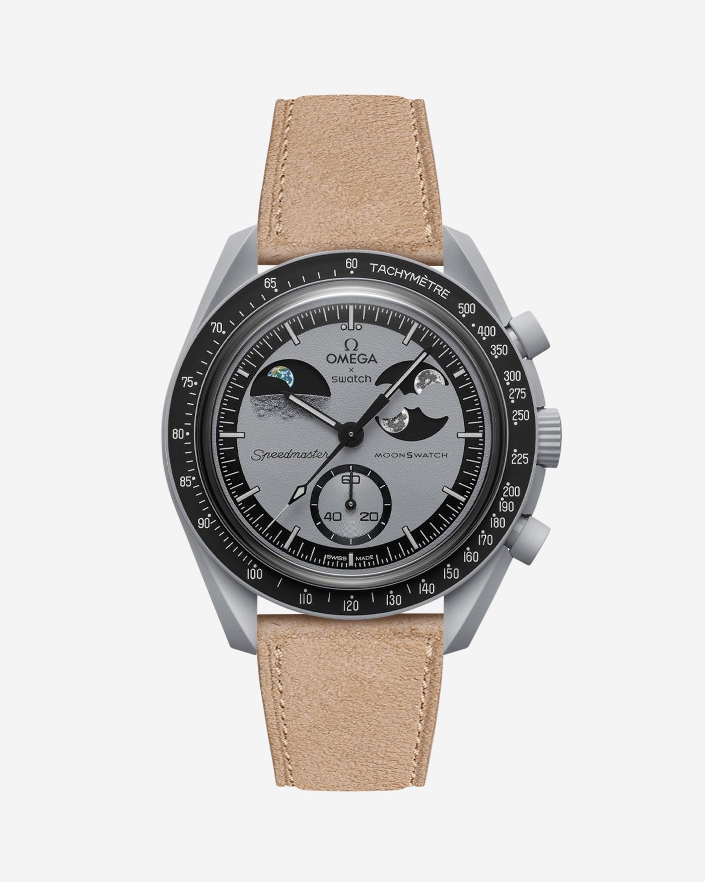 Omega X Swatch Mission to Earthphase with Beige suede leather strap mounted on watch – front view