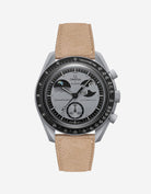 Omega X Swatch Mission to Earthphase with Beige suede leather strap mounted on watch – front view