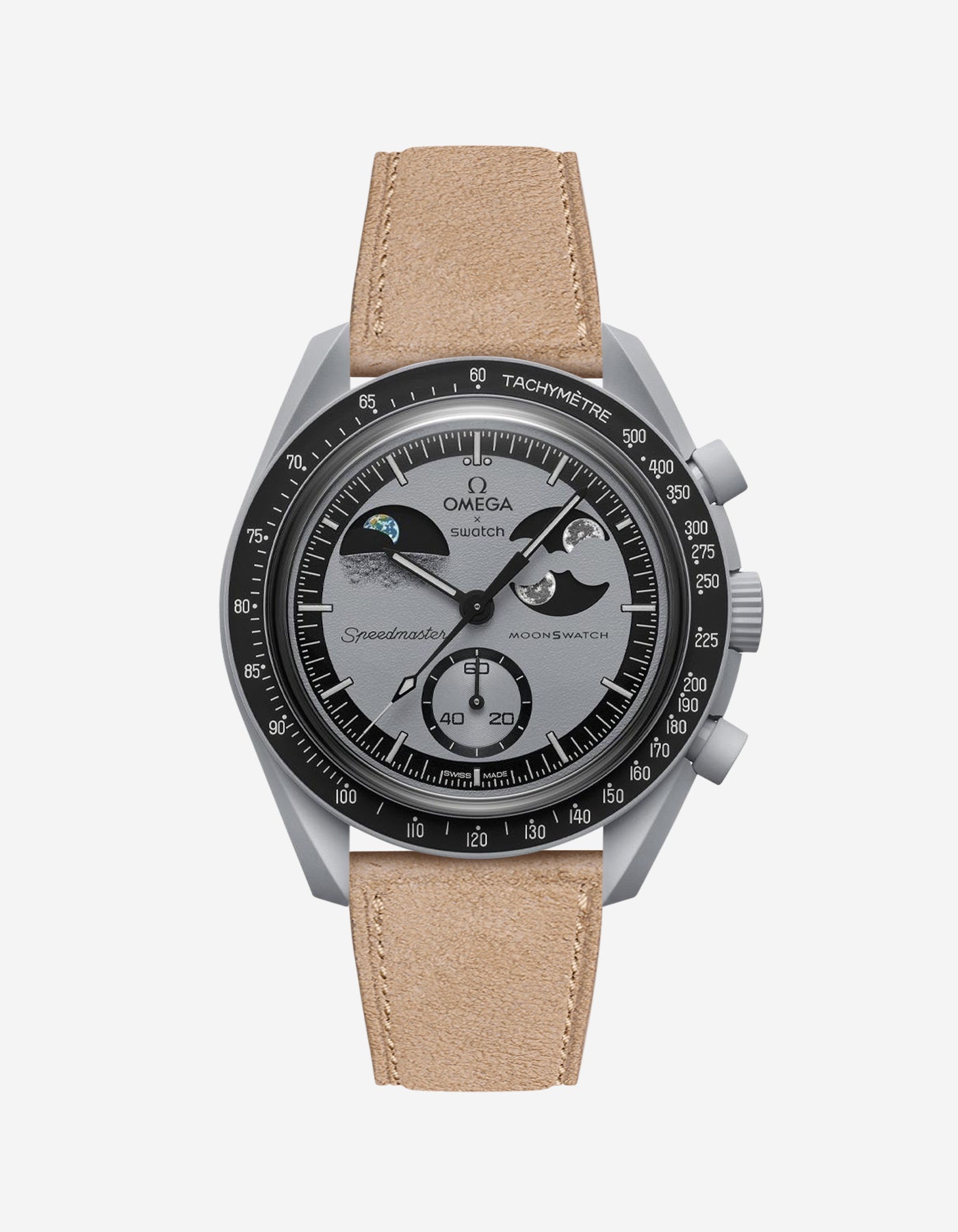 Omega X Swatch Mission to Earthphase with Beige suede leather strap mounted on watch – front view