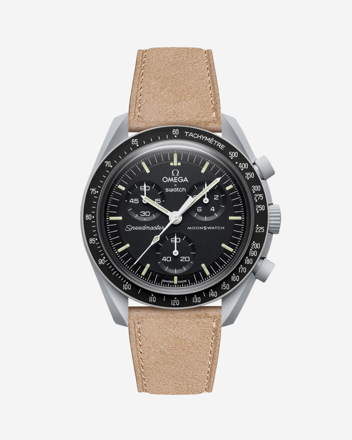 Omega X Swatch Mission to the Moon with Beige suede leather strap mounted on watch – front view