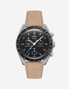 Omega X Swatch Mission to the Moon with Beige suede leather strap mounted on watch – front view