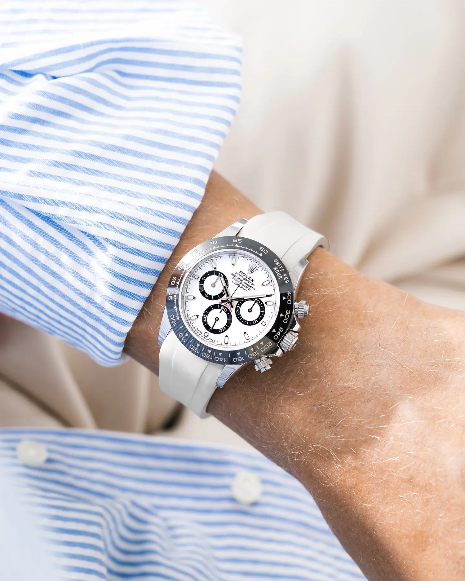 Beige FKM Rubber Strap Integrated for Original Clasp - Rolex Daytona 116500 wrist shot with blue and white shirt