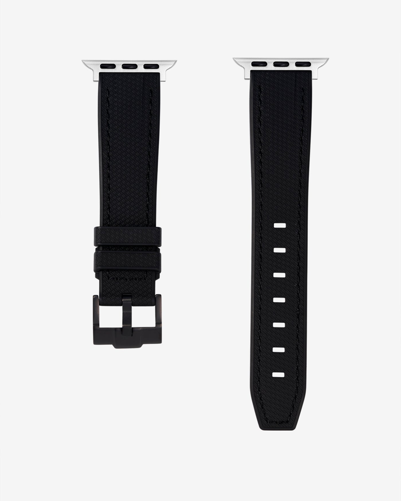 Durable Black Rubber Apple Watch Band shown in detail with black buckle