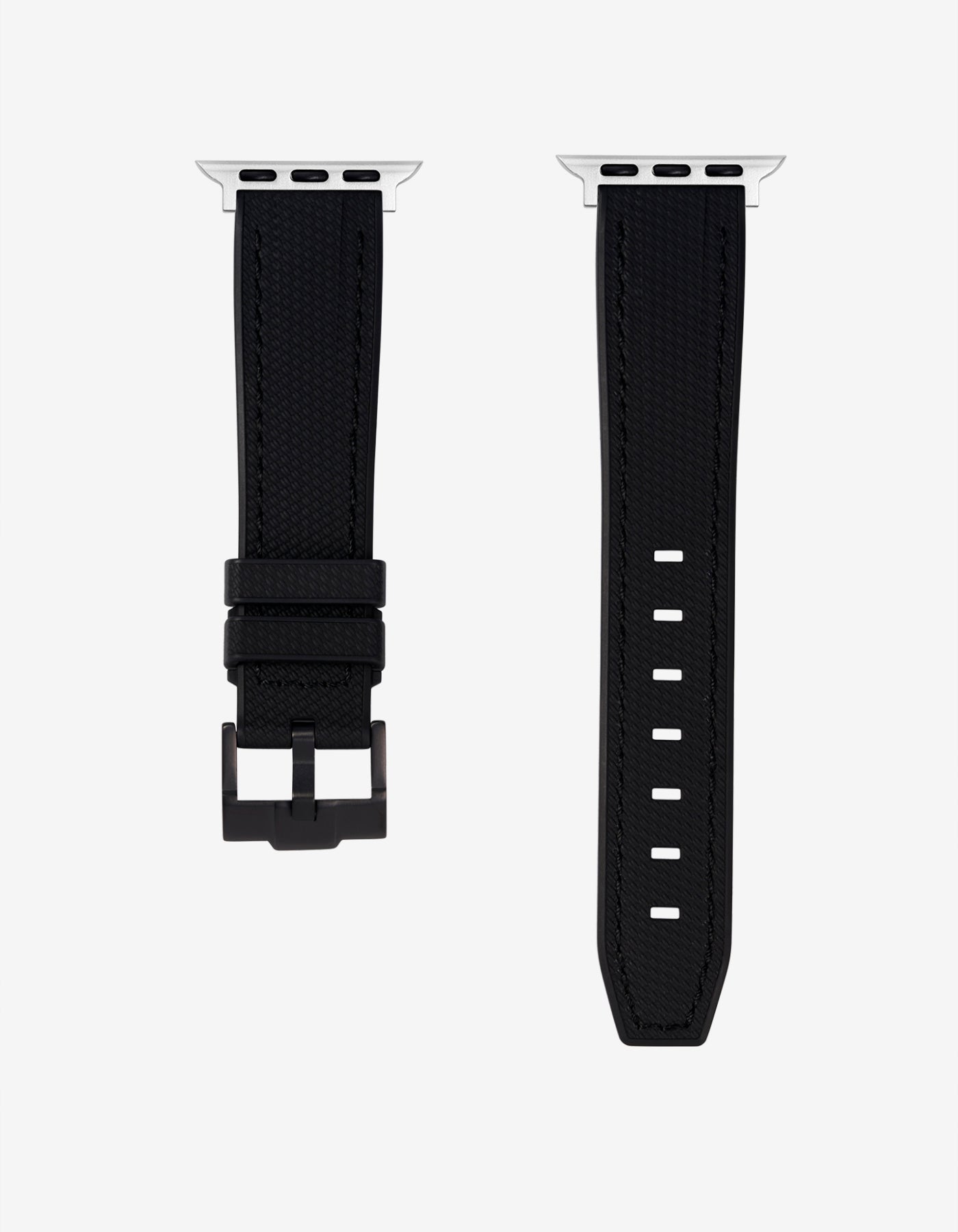 Durable Black Rubber Apple Watch Band shown in detail with black buckle