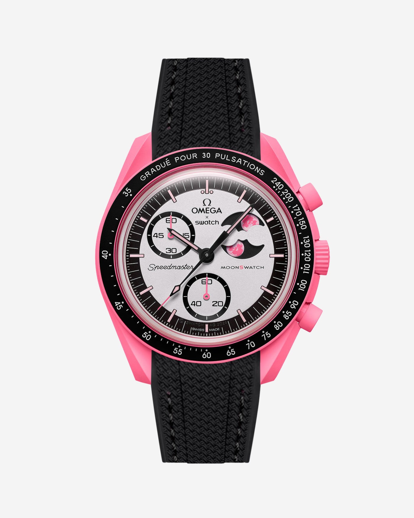 Pink and black watch with detailed face on a white background