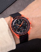 Black Embossed Alligator leather strap on Omega X Swatch MoonSwatch Mission on Earth Lava – wrist shot