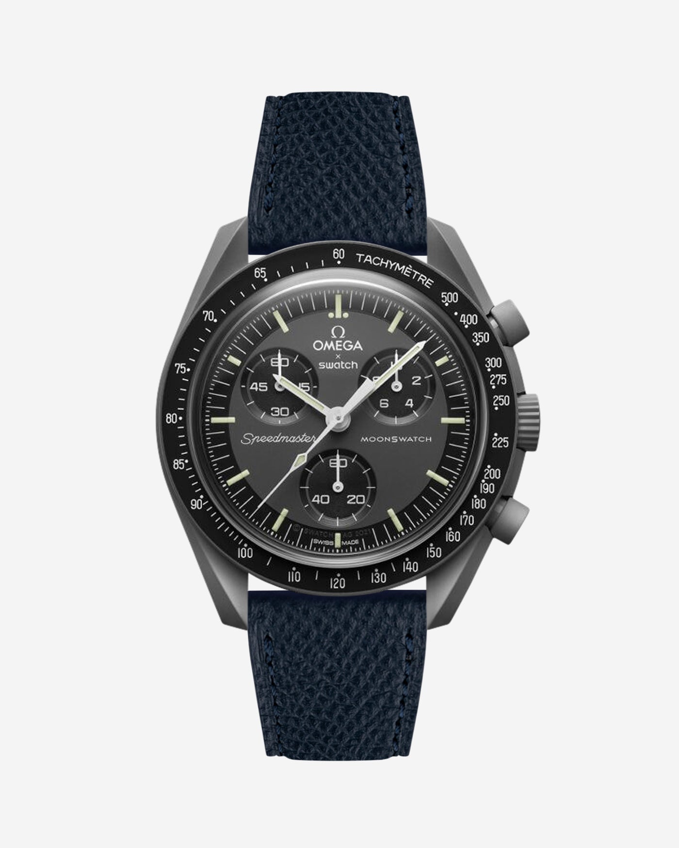 Black Epsom leather strap on Omega x Swatch Mission to Mercury watch