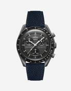 Black Epsom leather strap on Omega x Swatch Mission to Mercury watch