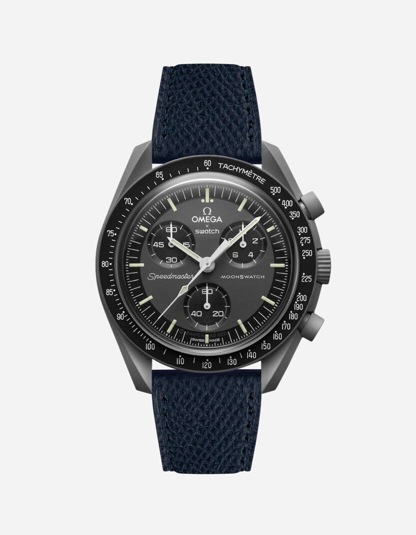 Black Epsom leather strap on Omega x Swatch Mission to Mercury watch