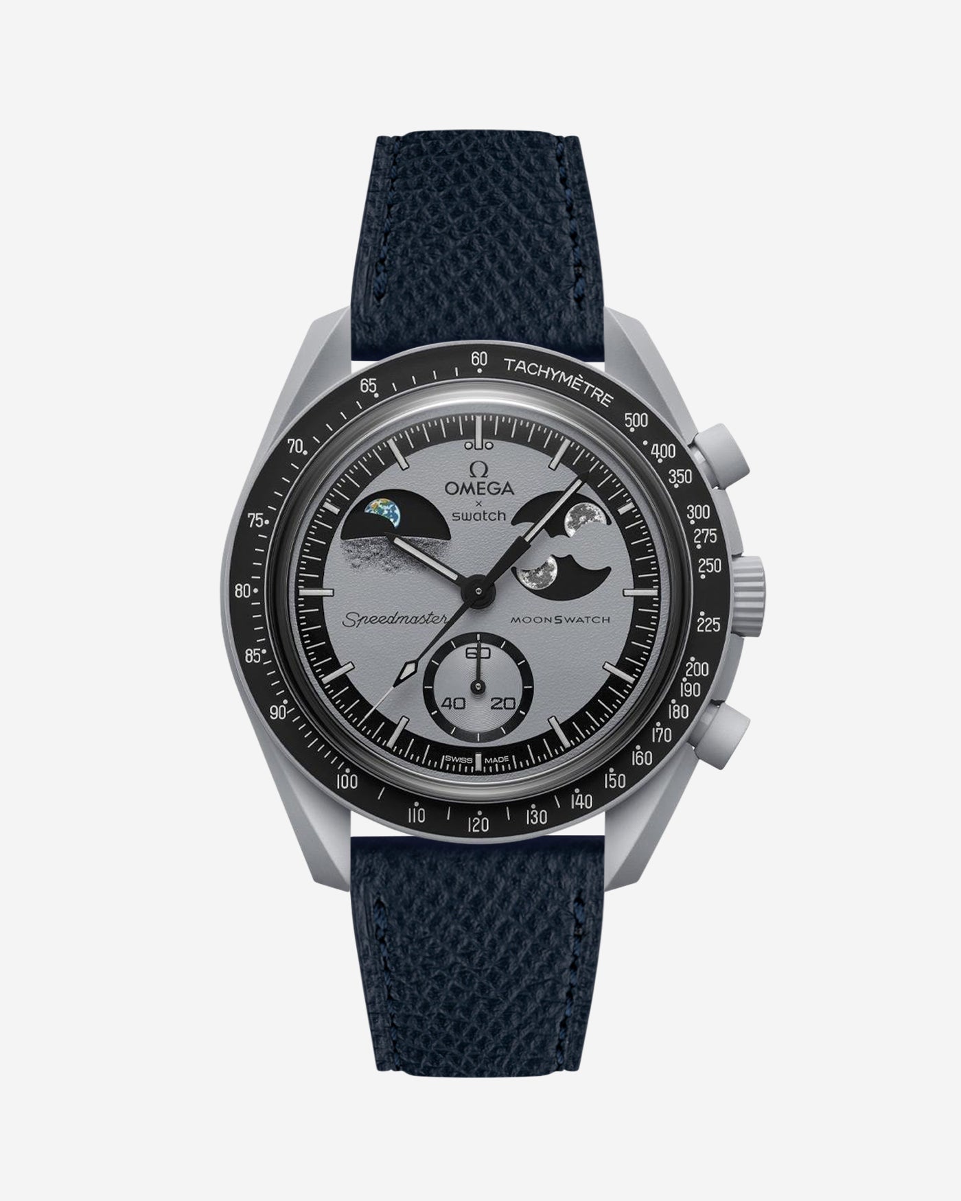 Black Epsom leather strap on Omega x Swatch Mission to Earthphase watch