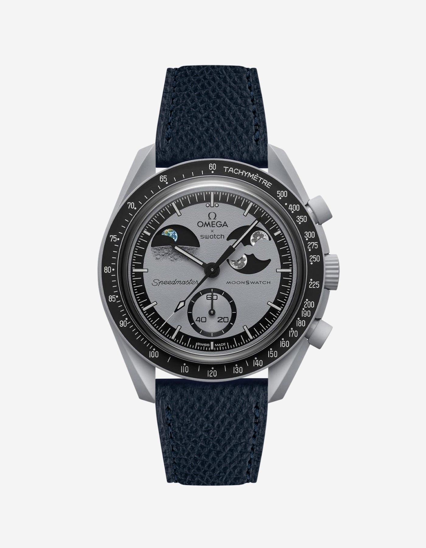 Black Epsom leather strap on Omega x Swatch Mission to Earthphase watch
