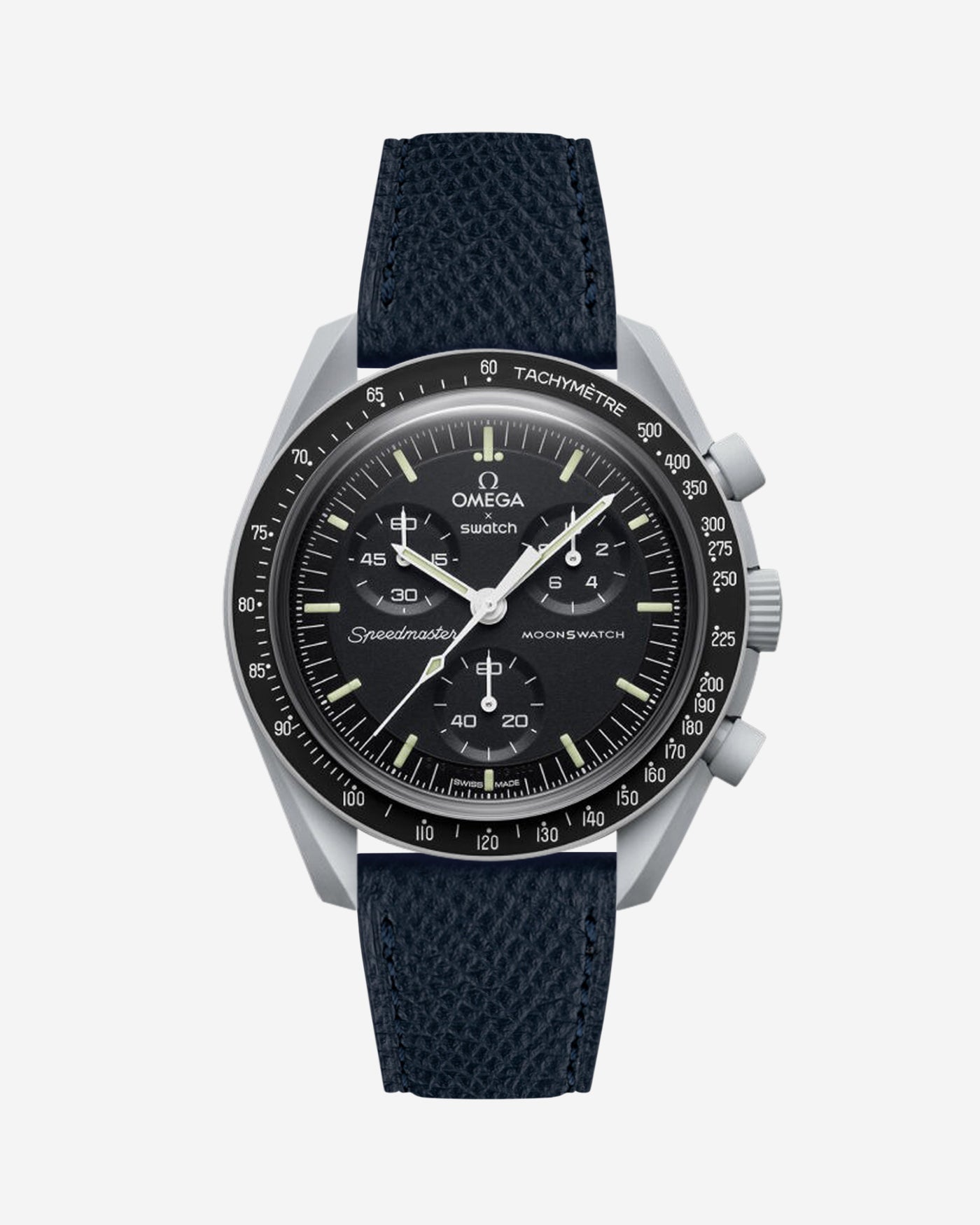 Black Epsom leather strap on Omega x Swatch Mission to the Moon Watch