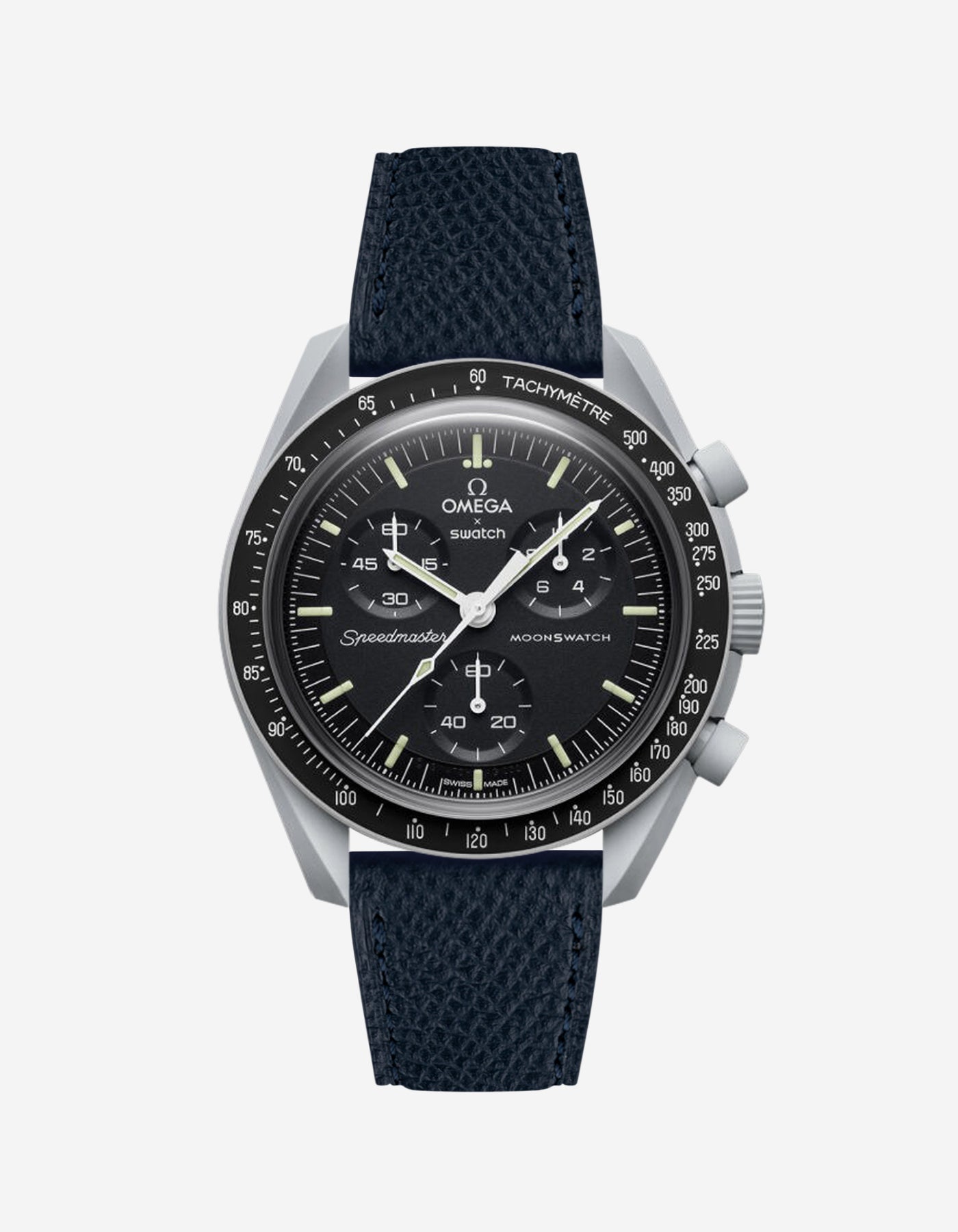 Black Epsom leather strap on Omega x Swatch Mission to the Moon Watch