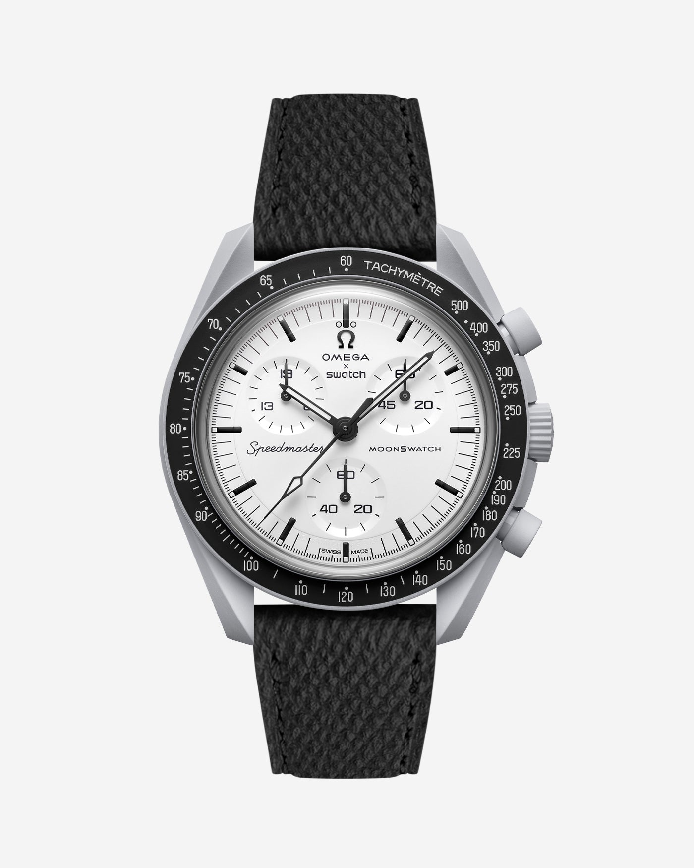 Black epsom suede leather strap on Omega X Swatch MoonSwatch 1965 | front view