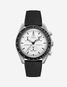 Black epsom suede leather strap on Omega X Swatch MoonSwatch 1965 | front view