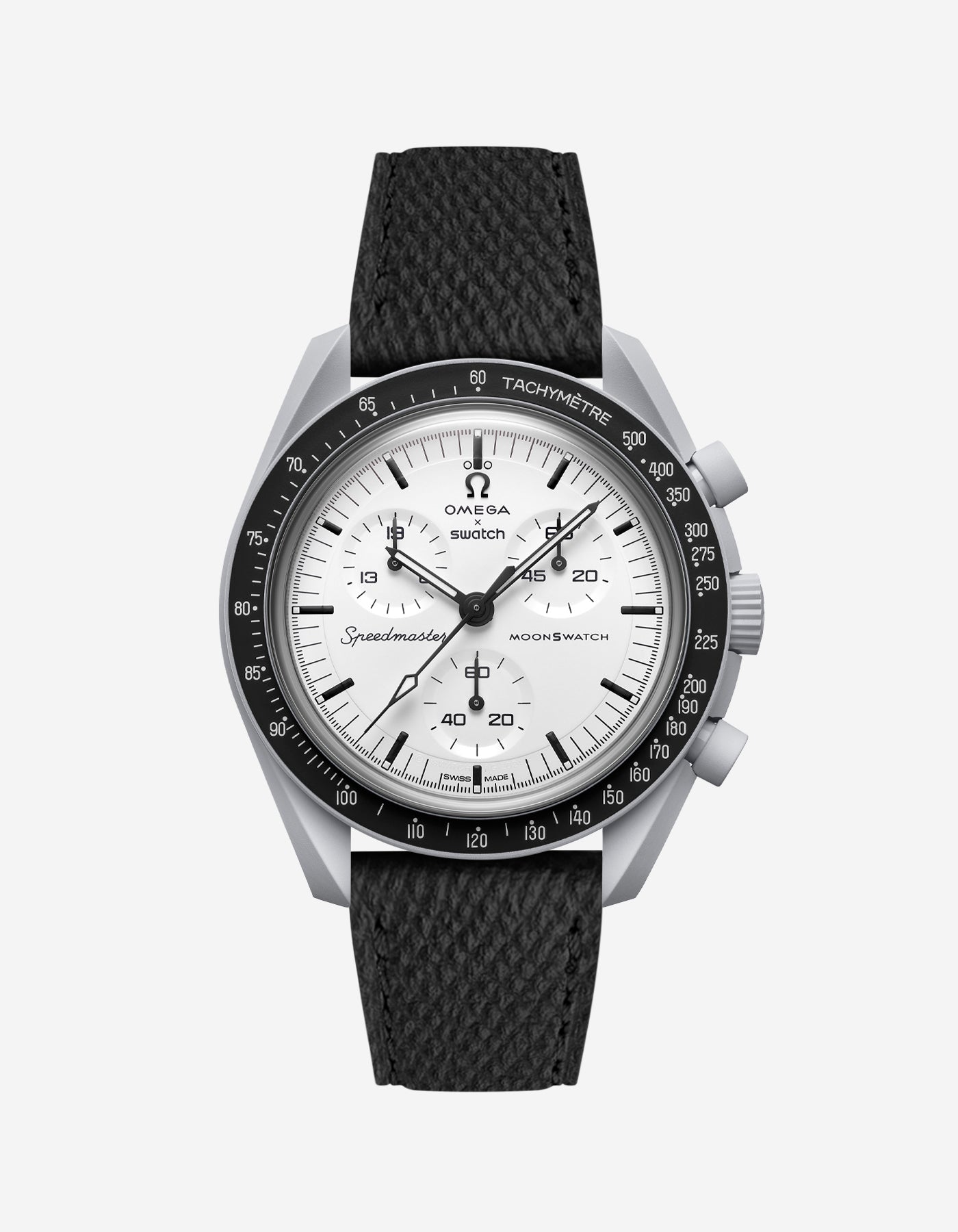 Black epsom suede leather strap on Omega X Swatch MoonSwatch 1965 | front view