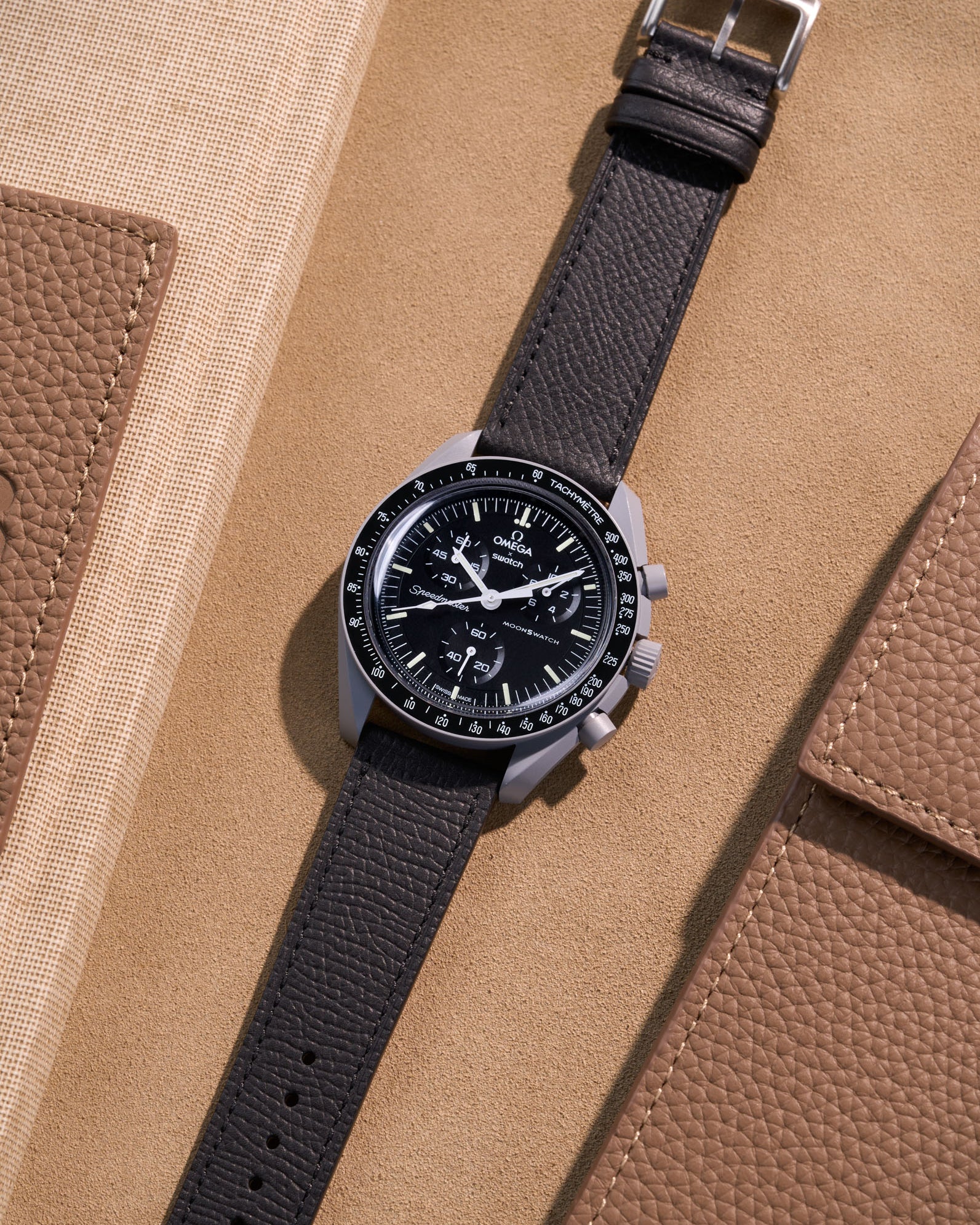Flat lay of Black Epsom leather strap for Omega x Swatch MoonSwatch Mission to the Moon