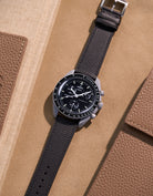 Flat lay of Black Epsom leather strap for Omega x Swatch MoonSwatch Mission to the Moon