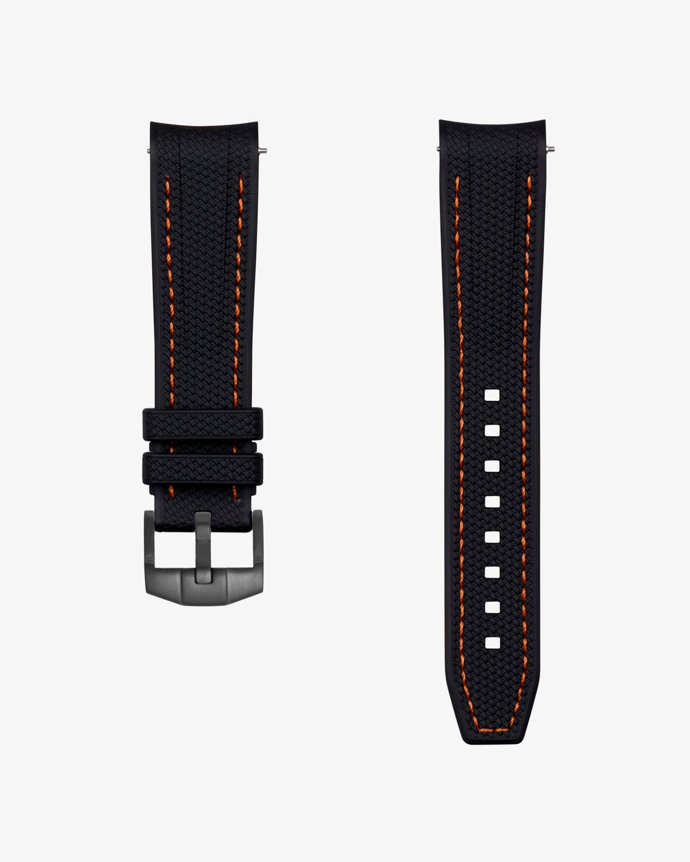 Black vertech rubber watch strap with orange stitching on a white background
