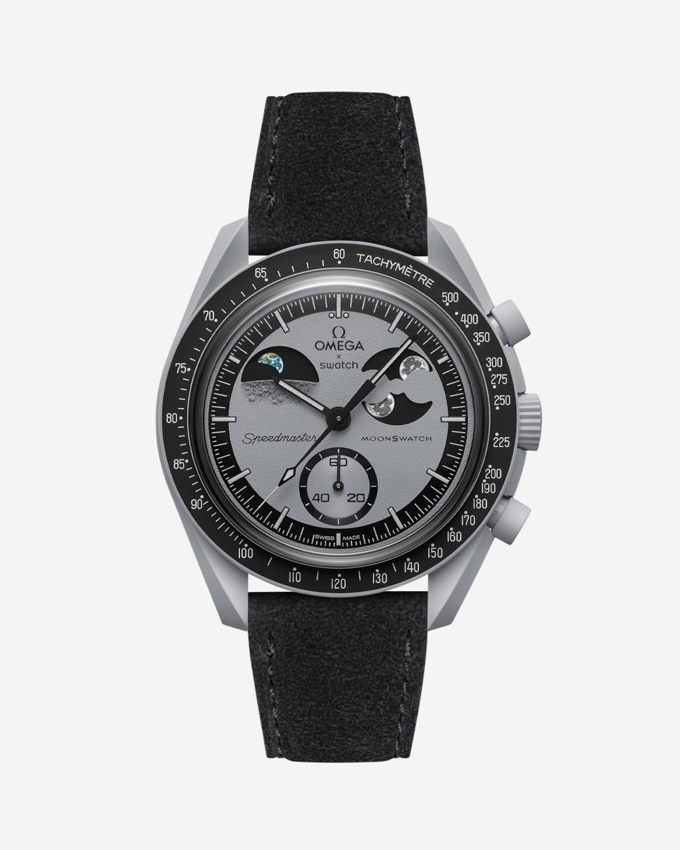 Omega X Swatch Mission to Earthphase with Black suede leather strap mounted on watch – front view
