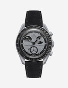 Omega X Swatch Mission to Earthphase with Black suede leather strap mounted on watch – front view