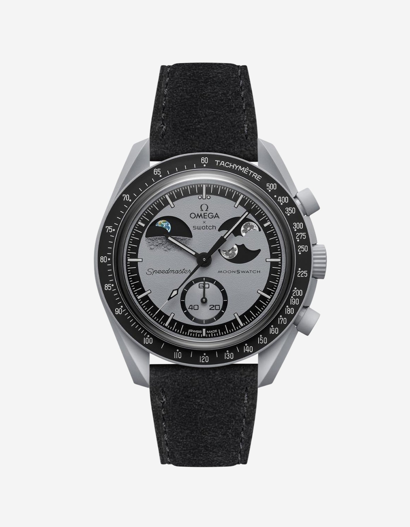 Omega X Swatch Mission to Earthphase with Black suede leather strap mounted on watch – front view