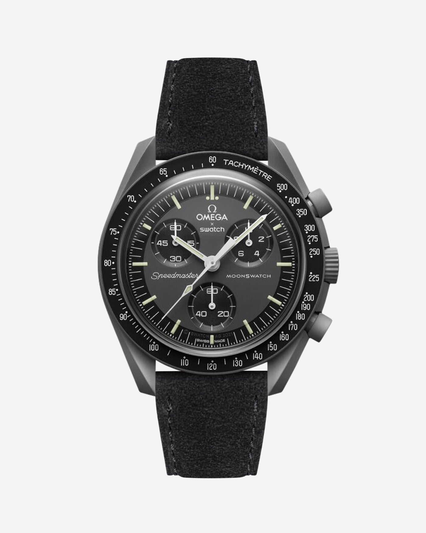 Omega X Swatch Mission to Mercury with Black suede leather strap mounted on watch – front view