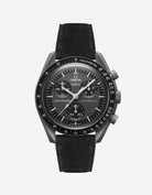 Omega X Swatch Mission to Mercury with Black suede leather strap mounted on watch – front view