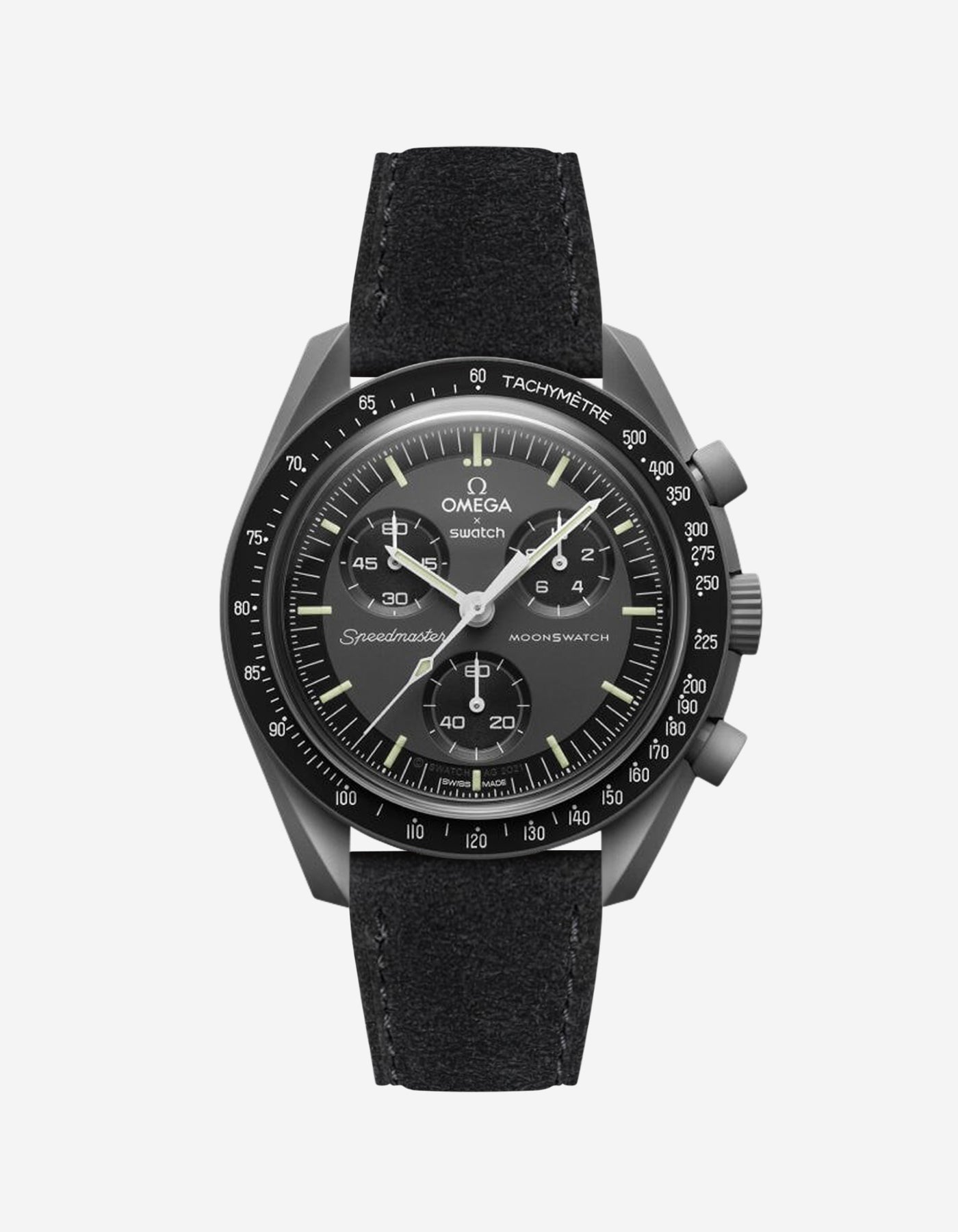Omega X Swatch Mission to Mercury with Black suede leather strap mounted on watch – front view