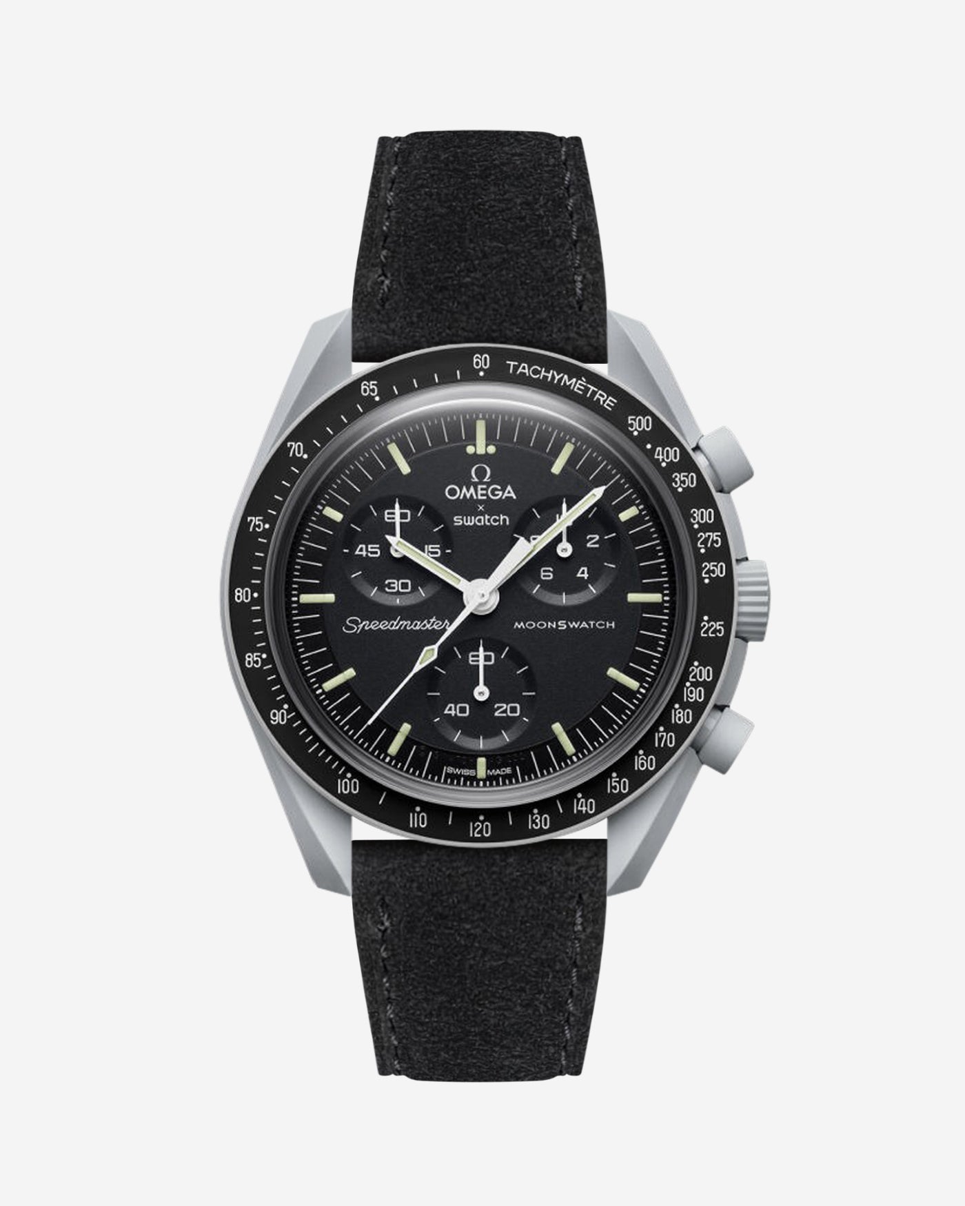 Omega X Swatch Mission to the Moon with Black suede leather strap mounted on watch – front view
