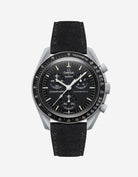 Omega X Swatch Mission to the Moon with Black suede leather strap mounted on watch – front view